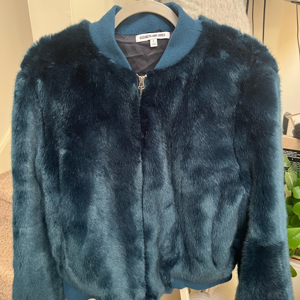 Elizabeth and James Teal Ellington Faux-Fur Bomber Jacket
